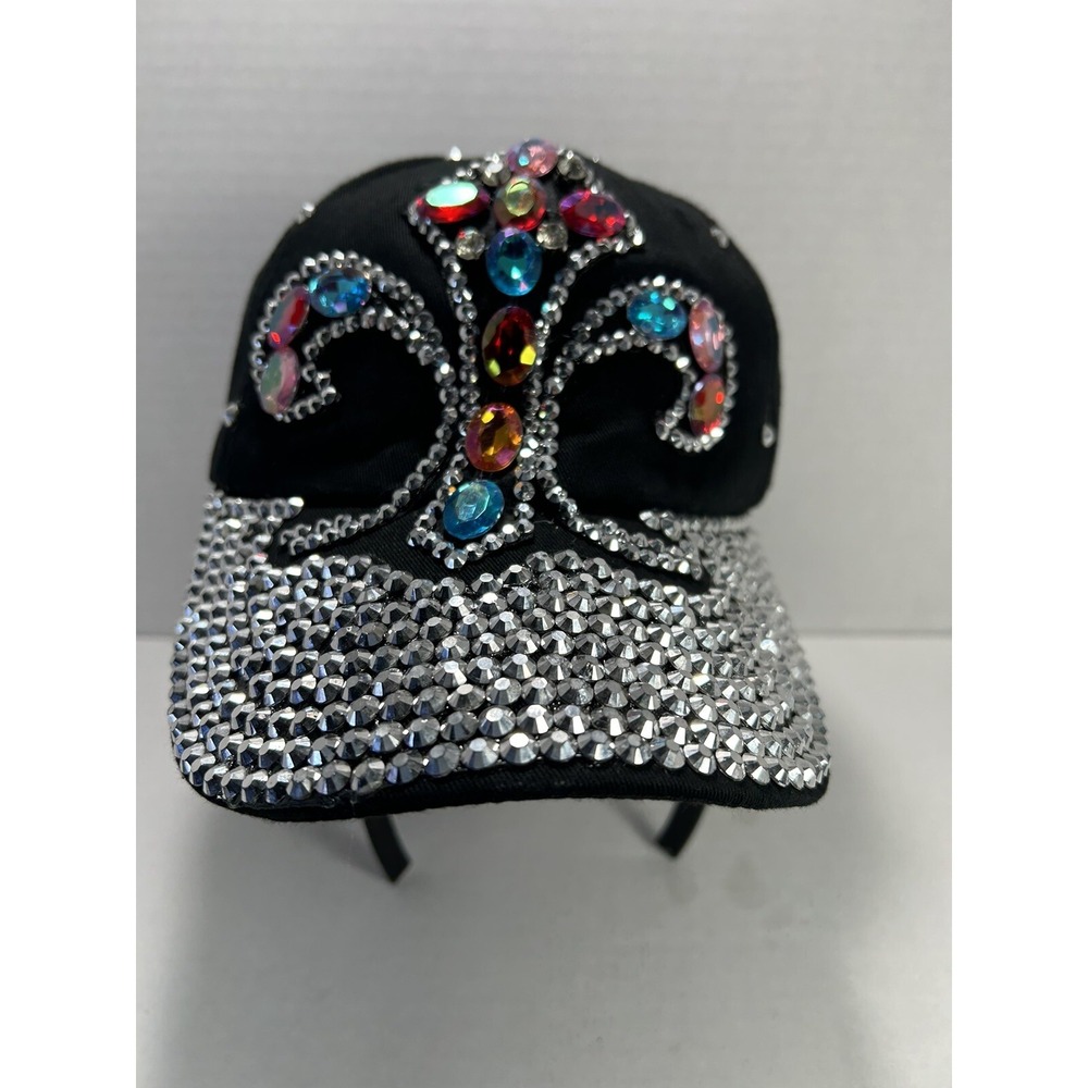 Fleur de lis Rhinestone black adjustable hat New‎ Orleans Sparkly Bling Cap